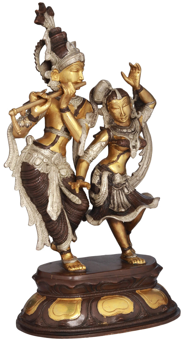 Affable gold silver gold Brass Statue of Radha and Krishna Engaged in Ecstatic Dance 16 INCHES Entryway Setting
