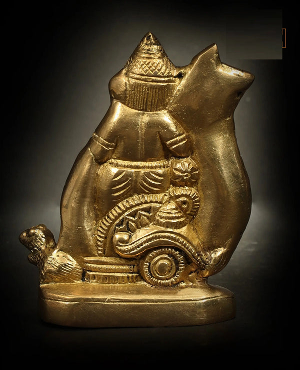 Brass Idol of Lord Ganesha on a Rat-Pulled Chariot 4 inches Study Setting