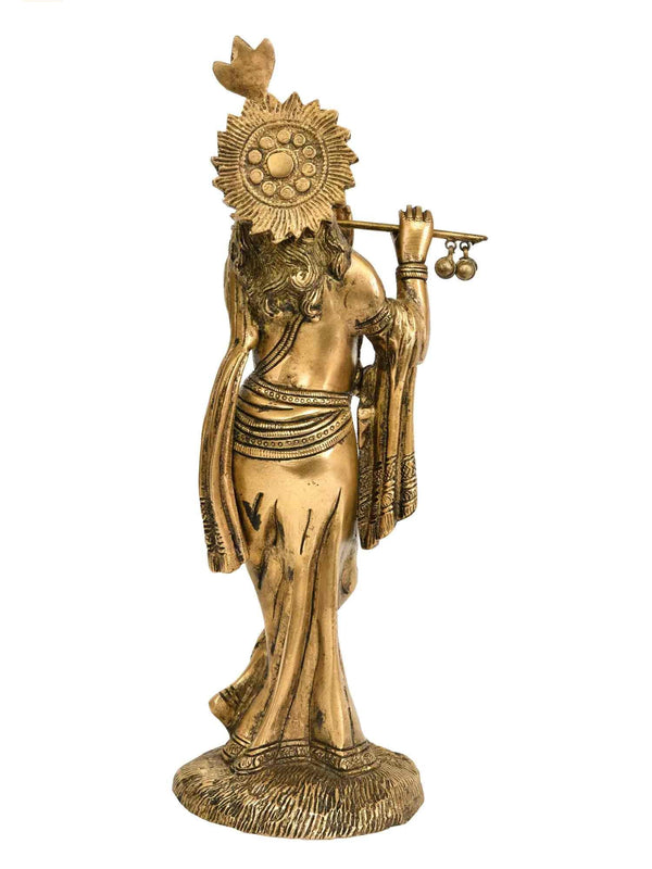 Handcrafted Natural Brass Statue of Lord Krishna Playing the Flute 9 inches Entryway Setting