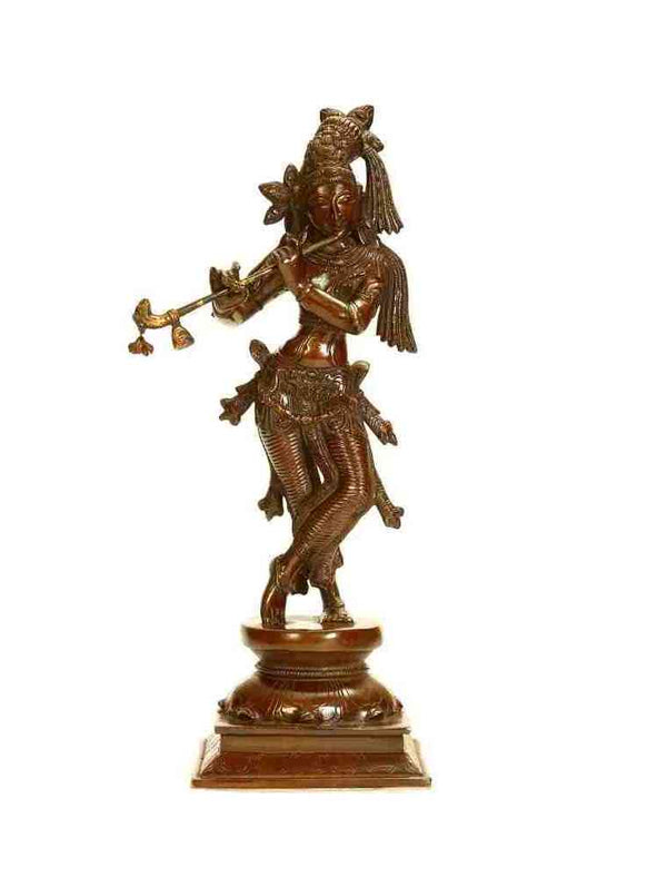 Antique brown Brass Statue of Standing Lord Krishna Playing the Flute 14 inches Mandir Setting