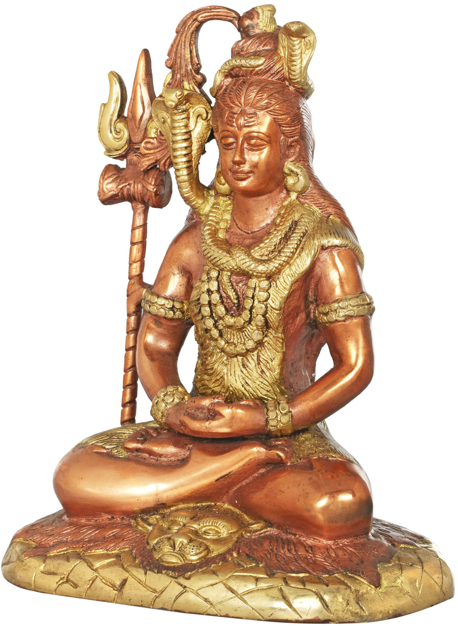 Mahayogi Shiva gold Brass Idol Seated on Tigerskin | Handmade Statue 10 Inches Craft Detail