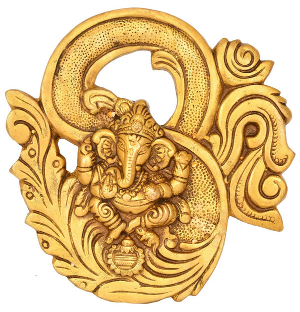Brass Wall Hanging featuring Ganesha and the OM Symbol 8 inches Mandir Setting