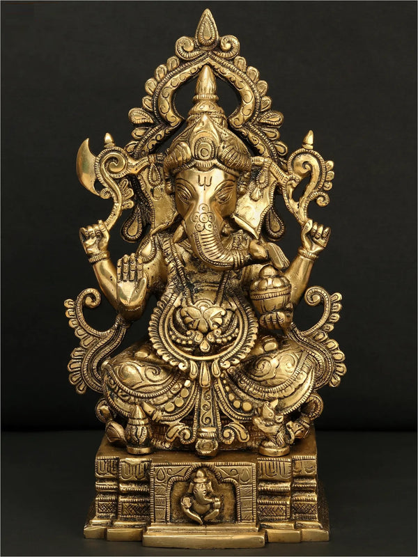 Brass sculpture Sitting Chaturbhuja Lord Ganesha 12 inches Mandir Setting