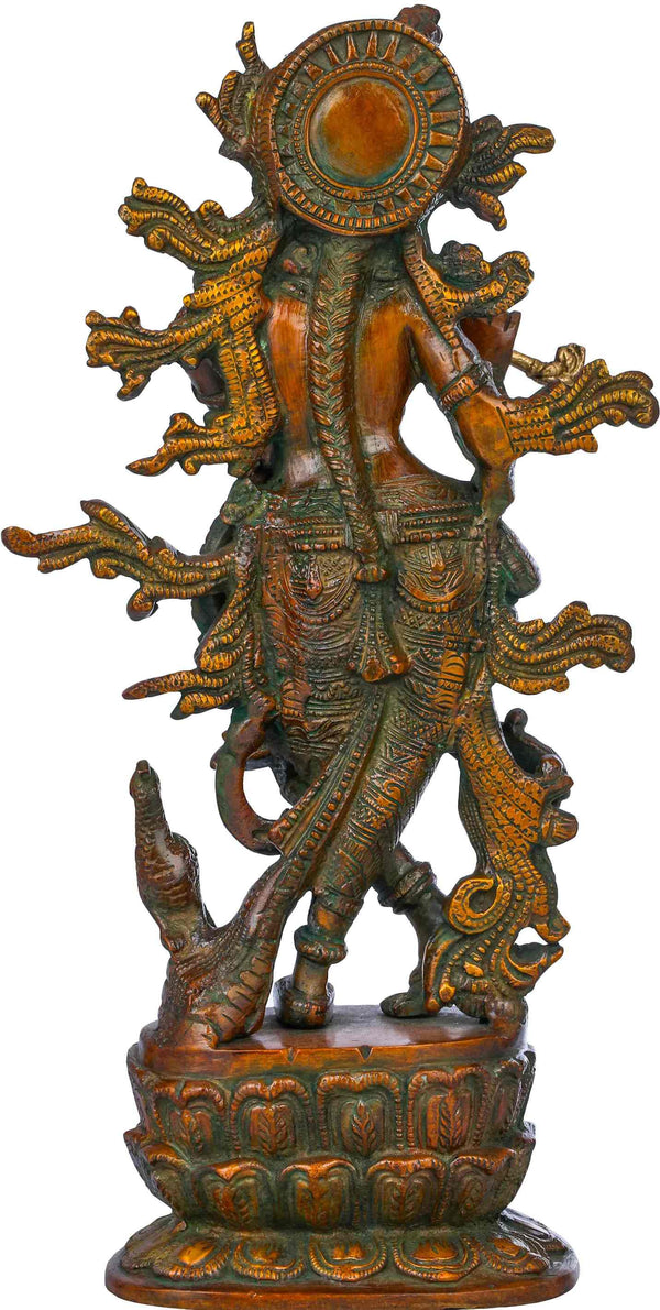 Handmade Double Chala Brass Sculpture of Lord Krishna Idol Playing Flute 12 inches Study Setting