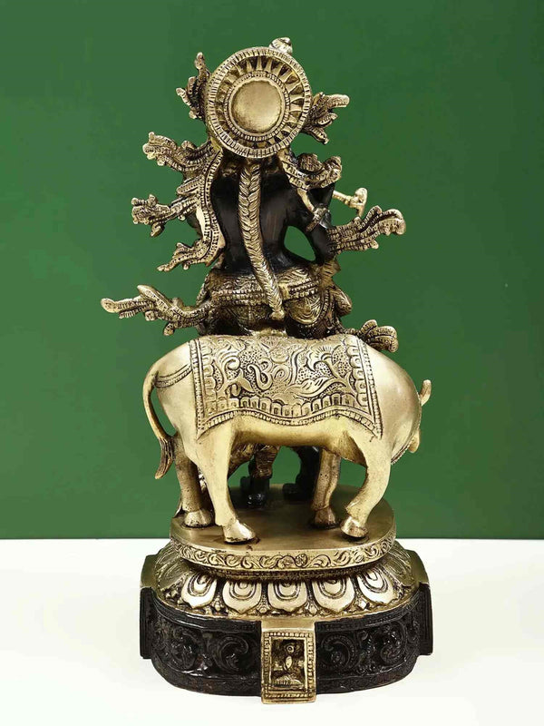 Black with natural Brass Statue of Venugopala | Krishna Playing Flute with His Cow 12 inches Study Setting