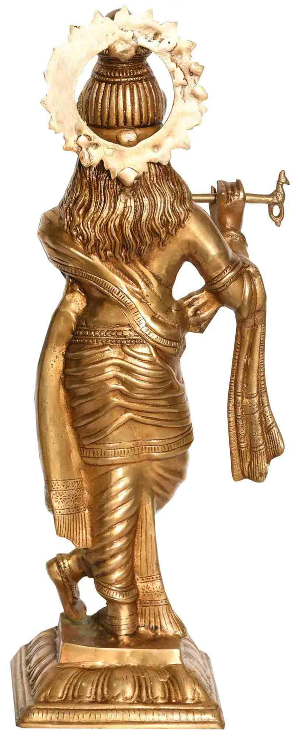 Brass Statue of Krishna Playing the Flute 23 inches Entryway Setting