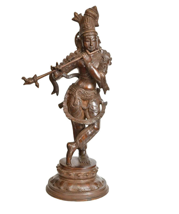 Indian Cocoa Handmade Brass Statue of Fluting Krishna 22 Inches Mandir Setting