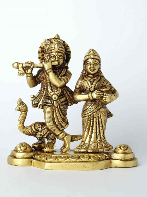 Small Brass Statue of Radha and Krishna with a Peacock 4 Inches Mandir Setting