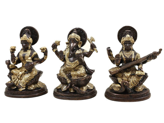 Brass Lakshmi Ganesha Saraswati brown and golden (Height: 5 inches)