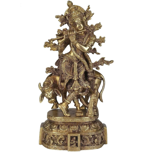 Natural Brass Statue of Venugopala | Krishna Playing Flute with His Cow 12 inches Mandir Setting