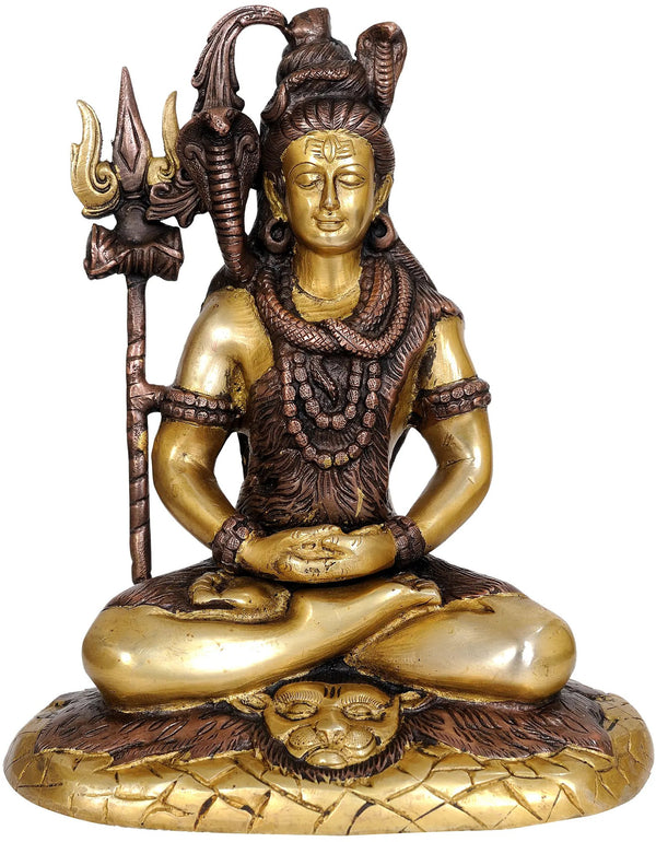 Mahayogi Shiva brown gold Brass Idol Seated on Tigerskin | Handmade Statue 10 Inches Mandir Setting