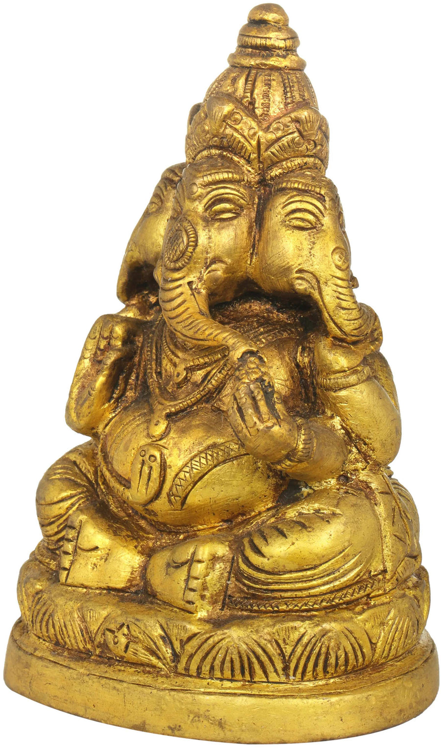 Brass Sculpture of Three-Headed Ganesha 4 inches Craft Detail
