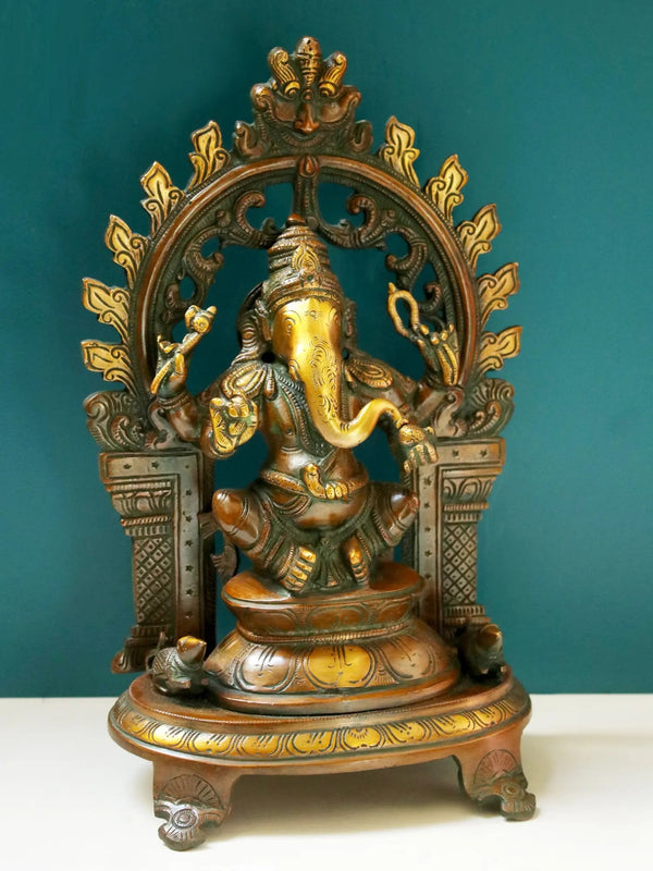 Brass Lord Ganesha Blessing with Kirtimukha Prabhavali 11 inches Entryway Setting
