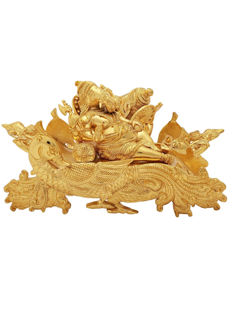 Gold-Plated Ganesha Idol Relaxing on a Peacock Recliner | Handmade Brass Statue 9 Inches