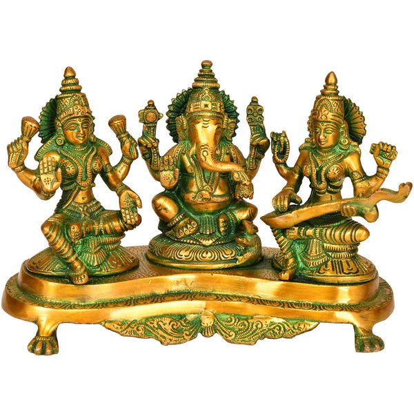 Brass Three Auspicious Deities - Lakshmi, Ganesha, and Saraswati (Height: 6 inches) Mandir Setting