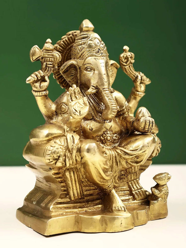 Brass Raja Ganpati Statue 5 inches Study Setting