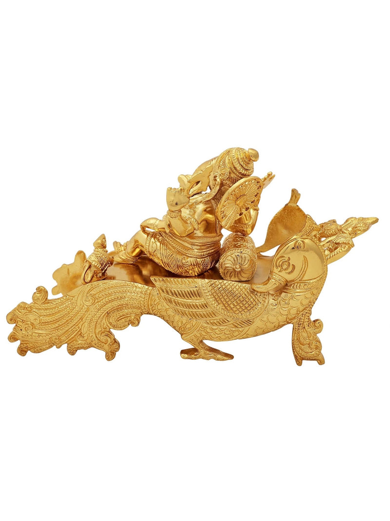 Gold-Plated Ganesha Idol Relaxing on a Peacock Recliner | Handmade Brass Statue 9 Inches