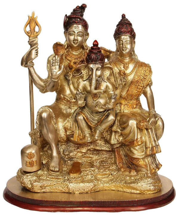 Brass Shiva-Parvati Statue with Ganesha 13 inches Study Setting