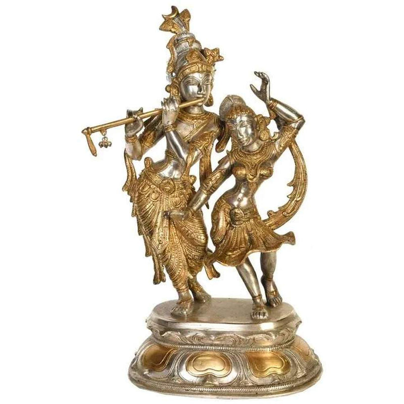 Silver gold Brass Statue of Radha and Krishna Engaged in Ecstatic Dance 16 INCHES