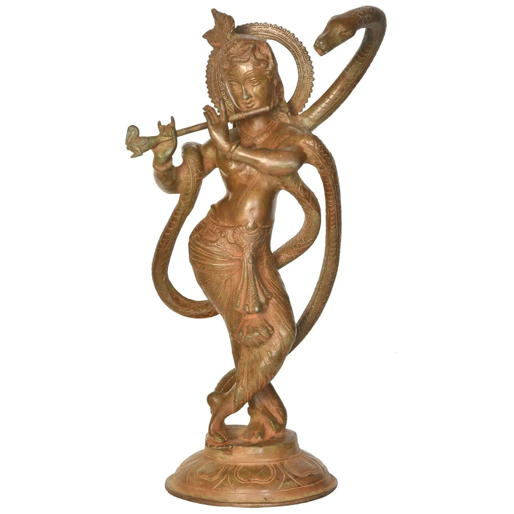 Handmade Brass Sculpture of Krishna Flanked by the Serpent Ananta 15 inches