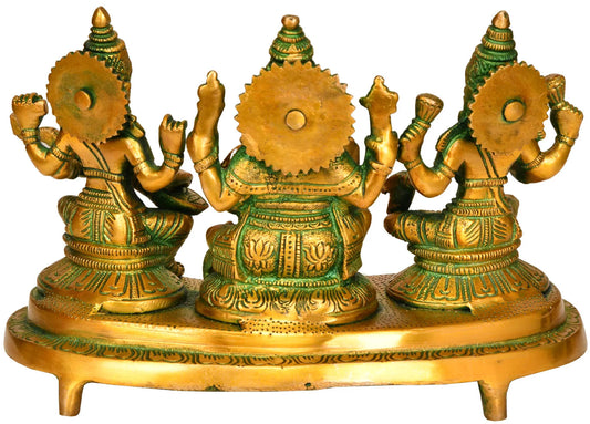 Brass Three Auspicious Deities - Lakshmi, Ganesha, and Saraswati (Height: 6 inches)