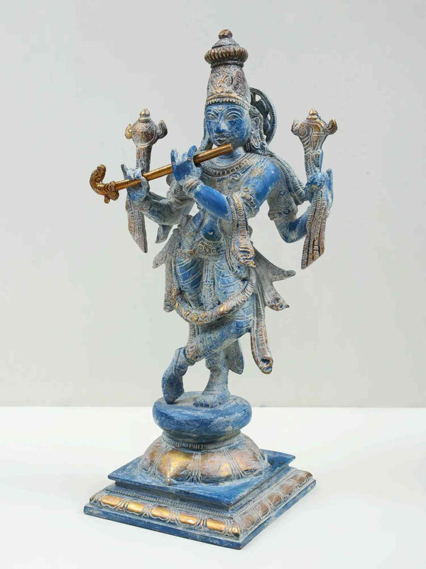 Blue Gold Handmade Brass Statue of Lord Krishna | God Idol for Temple 12 inches Entryway Setting