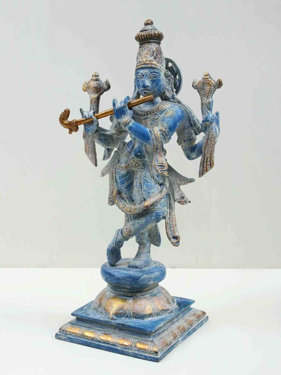 Blue Gold Handmade Brass Statue of Lord Krishna | God Idol for Temple 12 inches Craft Detail
