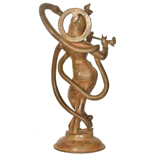 Handmade Brass Sculpture of Krishna Flanked by the Serpent Ananta 15 inches