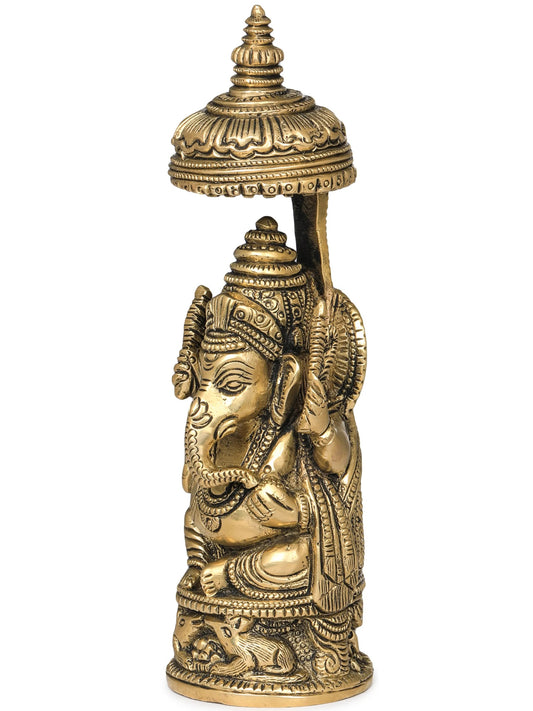 Small Brass Idol of Ganesha with Carved Umbrella 5 inches