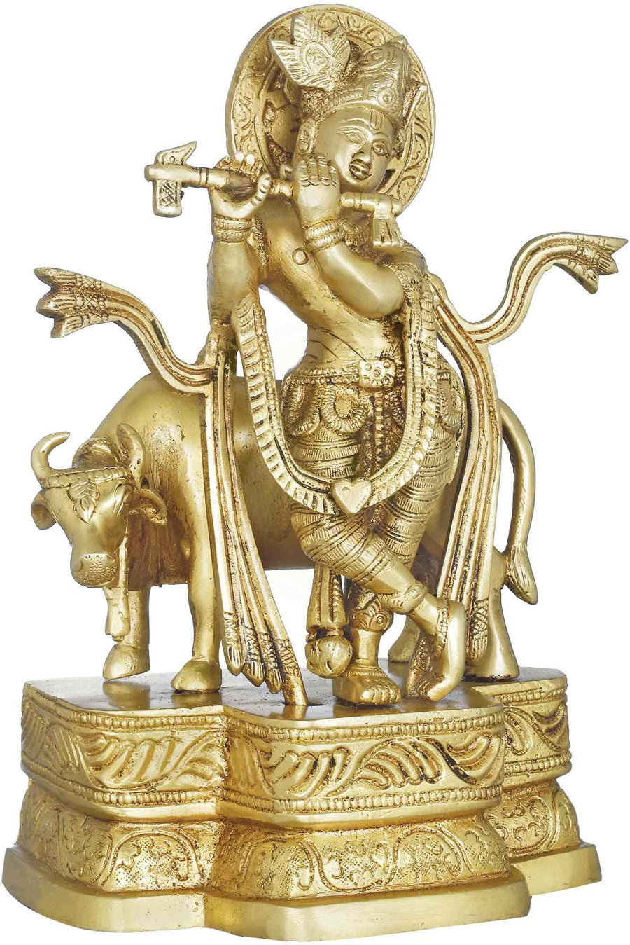 Brass Statue Depicting Krishna Playing the Flute with His Cow 9 Inches Craft Detail