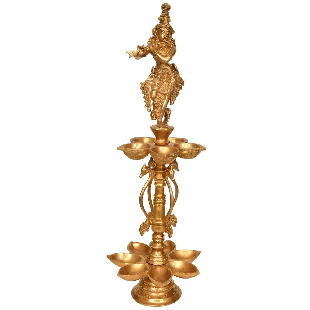 Handmade Brass Lamp of Lord Krishna with Twelve Wicks 21 INCHES.