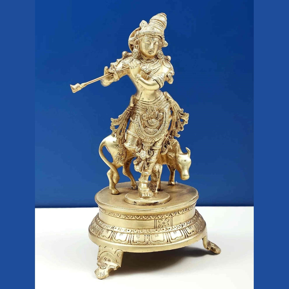 Handcrafted 10" Brass Statue of Venugopala (Krishna Playing Flute with His Cow) 10 Inches