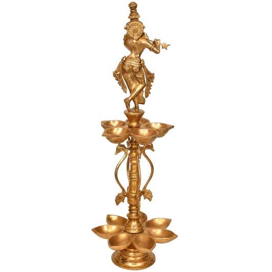 Handmade Brass Lamp of Lord Krishna with Twelve Wicks 21 INCHES.