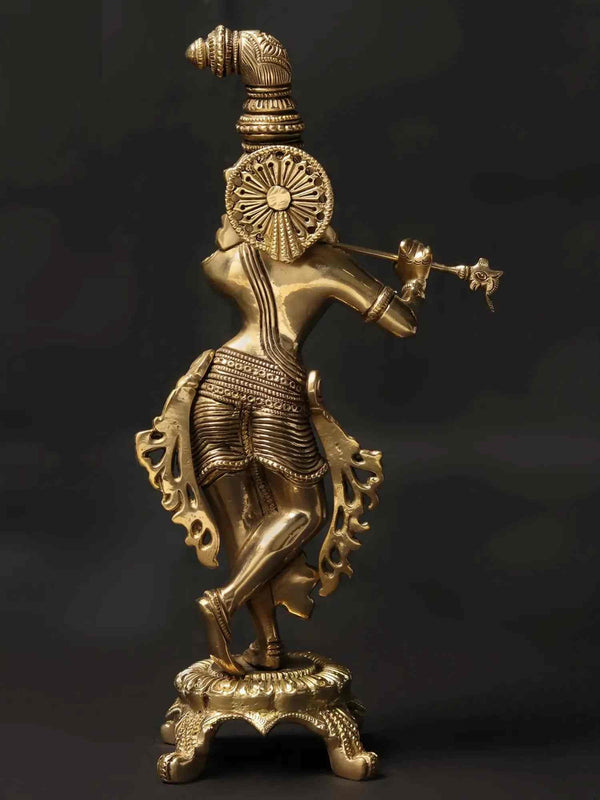 Brass Statue of Shri Krishna Playing the Flute on a Chowki 10 inches Study Setting