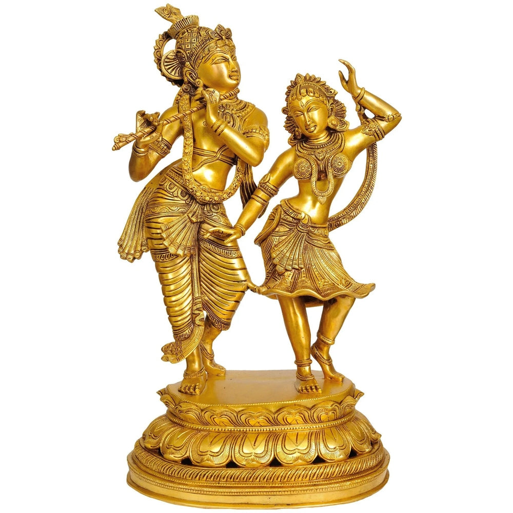 Handmade Gold Brass Sculpture of Large-Sized Dancing Radha-Krishna 23 inches