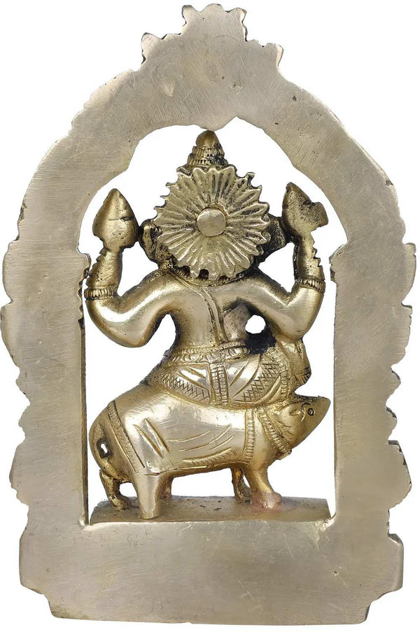 Brass idol of Lord Ganesha seated on a mouse with a Kirtimukha throne 5 inches Study Setting
