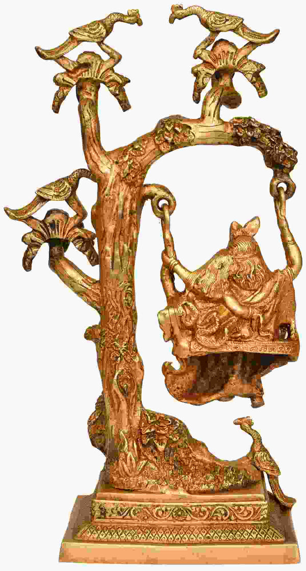 Handmade Brass Statue of Radha and Krishna on a Swing 16 Inches Entryway Setting