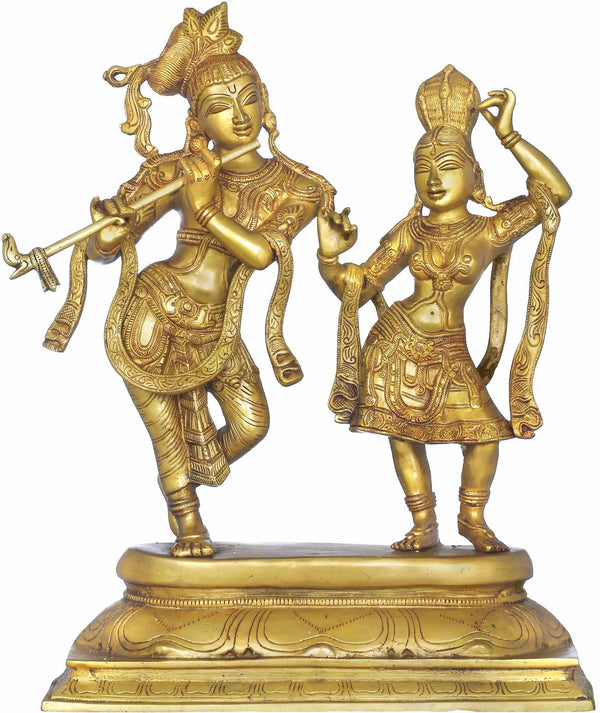 Handmade Brass Statue of Tribhang Murari (Krishna) Watching Radha Dance 17 Inches Mandir Setting