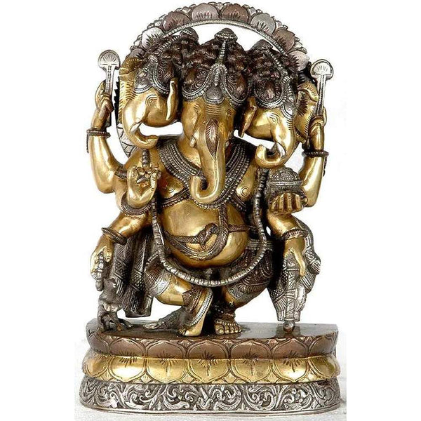 Brass idol of dancing Ganesha with three heads 12 inches Mandir Setting