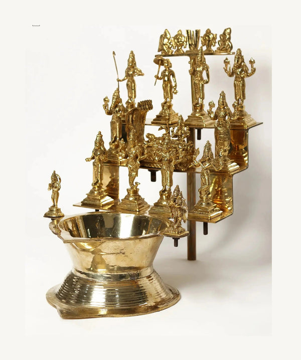 Brass Oil Lamp Featuring Vishnu Dashavatar 19 Inches Entryway Setting