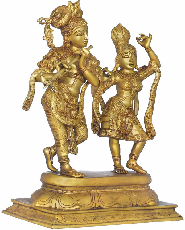 Handmade Brass Statue of Tribhang Murari (Krishna) Watching Radha Dance 17 Inches Entryway Setting