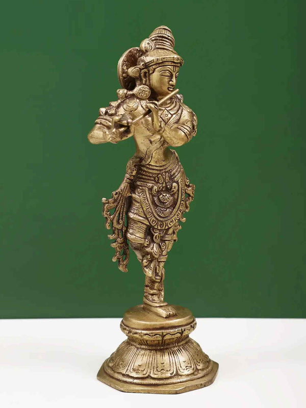 Brass Sculpture of Lord Krishna 9 Inches Entryway Setting