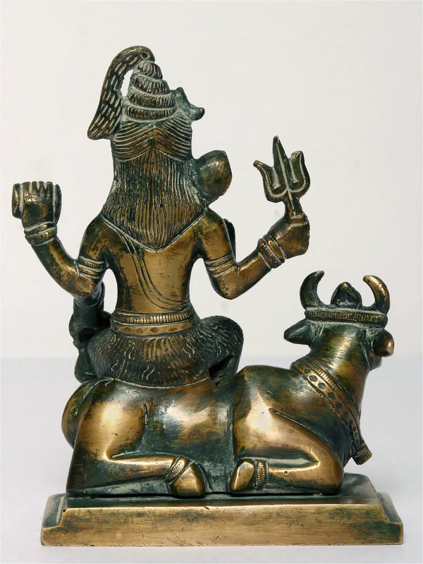 Small Brass Statue of Lord Shiva Seated on Nandi 5 Inches Study Setting