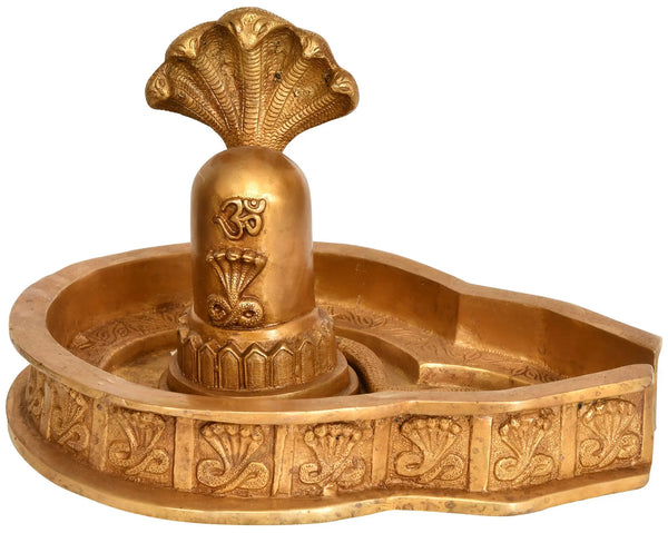 Handmade Brass Statue of Shiva Linga with Snakes Crowning It 12 Inches Mandir Setting
