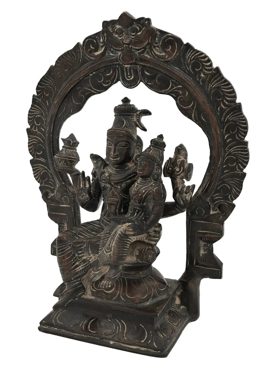 Handmade super antique Brass Idol of Lord Shiva and Parvati Seated on Kirtimukha Prabhawali Throne 10 inches Craft Detail