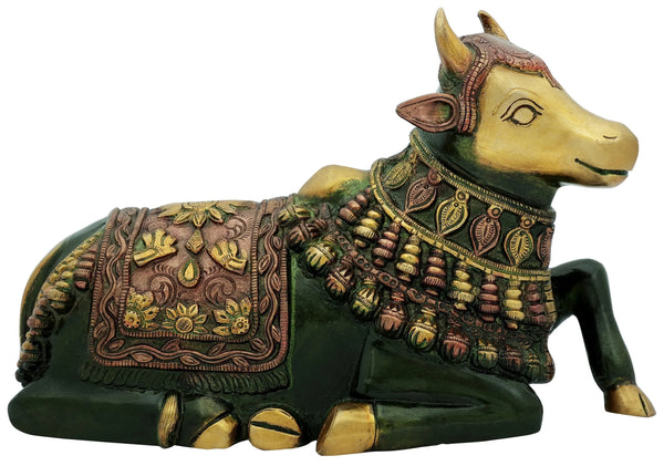 Handmade Henna touch Brass Statue of Nandi, the Vehicle of Lord Shiva 10 Inches Mandir Setting