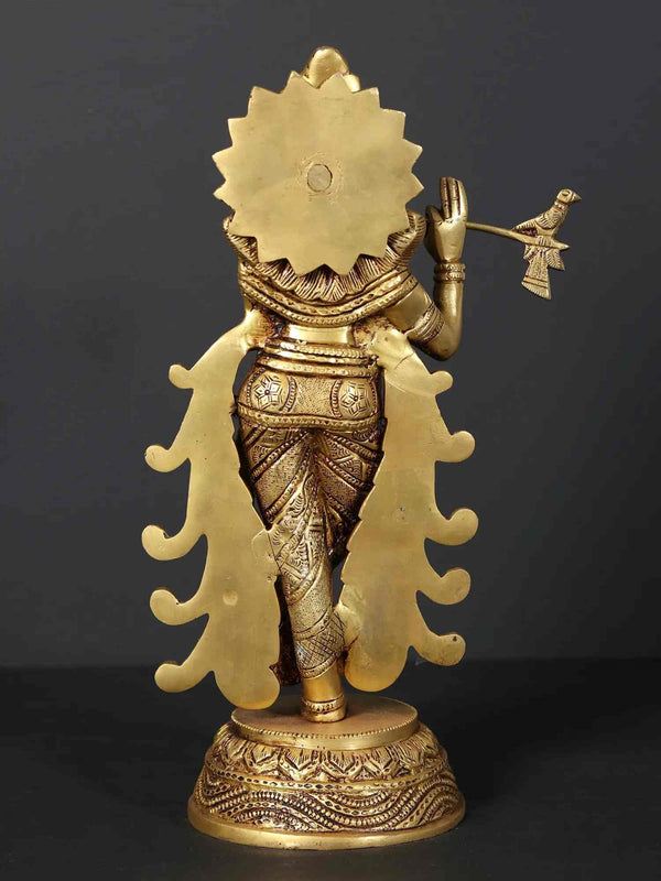 Brass Statue of Krishna Playing the Flute 12 inches Study Setting
