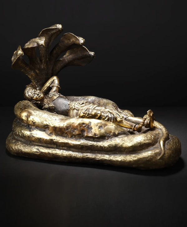 Original Sculpture of Shesha-Shayi, the Very Handsome Lord Vishnu 14 Inches Mandir Setting