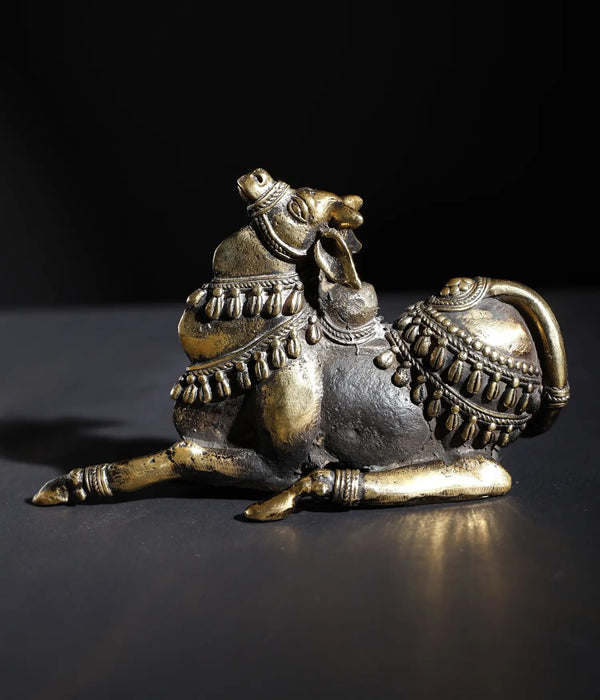 Small Decorated Nandi Idol | Brass and Stone 5 inches Mandir Setting