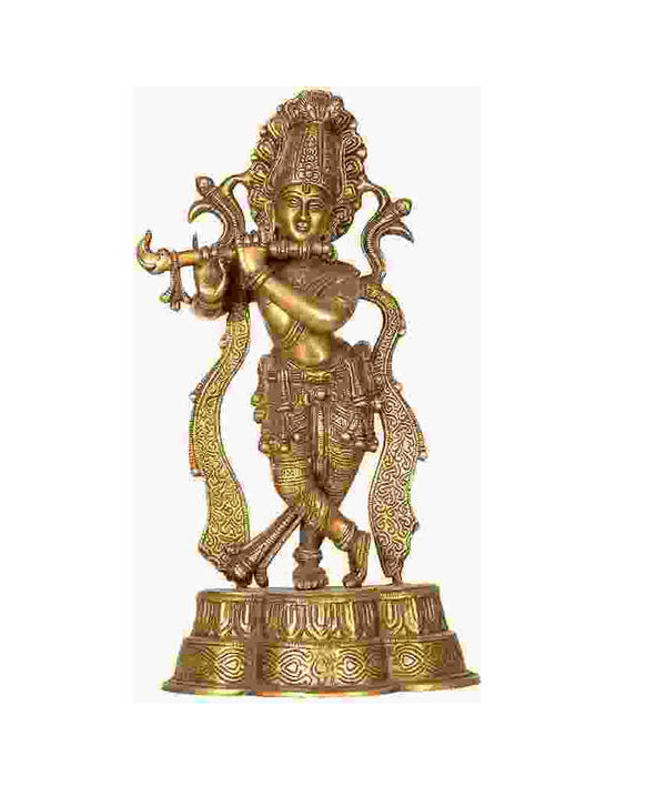 Handmade Brass Statue of Fluting Krishna 14 Inches Mandir Setting